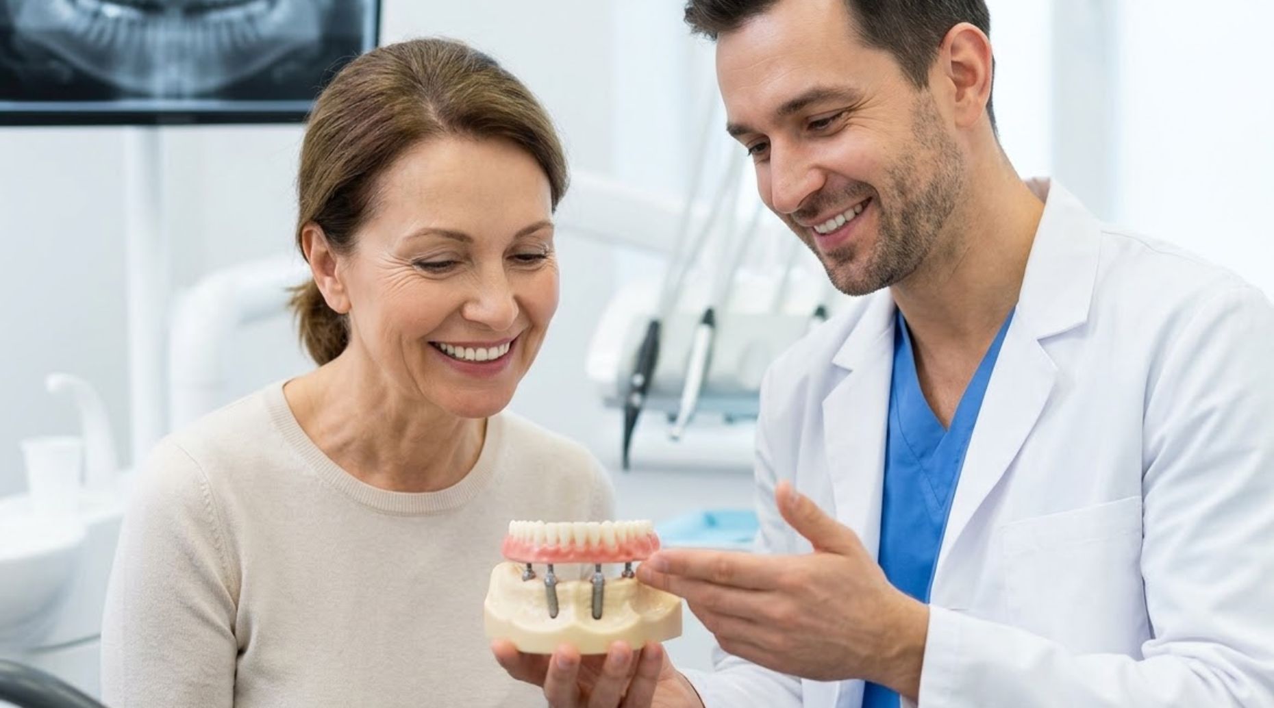 How Do All-on-4 Dental Implants Prevent Jawbone Loss and Facial Sagging Over Time Patient and dentist discussing dental implants