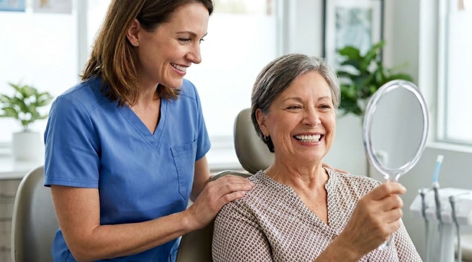 Second Chance Program Siouxland Oral Surgery | Smile Restoration Patient examining restored smile