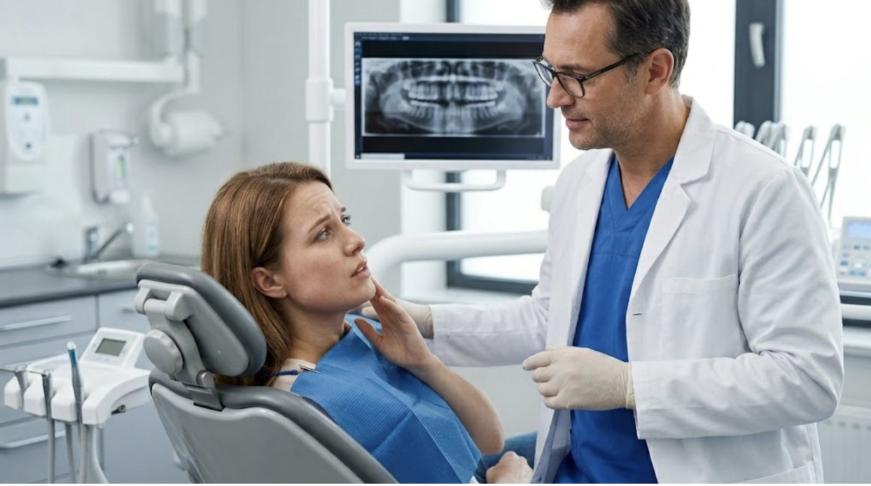 dental-abscess-facial-swelling-fever-houston Dental patient and dentist examining x-ray