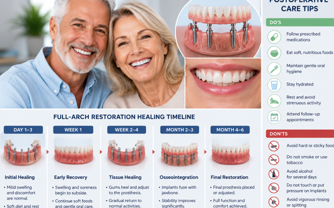 Healing and Recovery After Full-Arch Restoration: Comprehensive Timeline and Expert Postoperative Care Tips