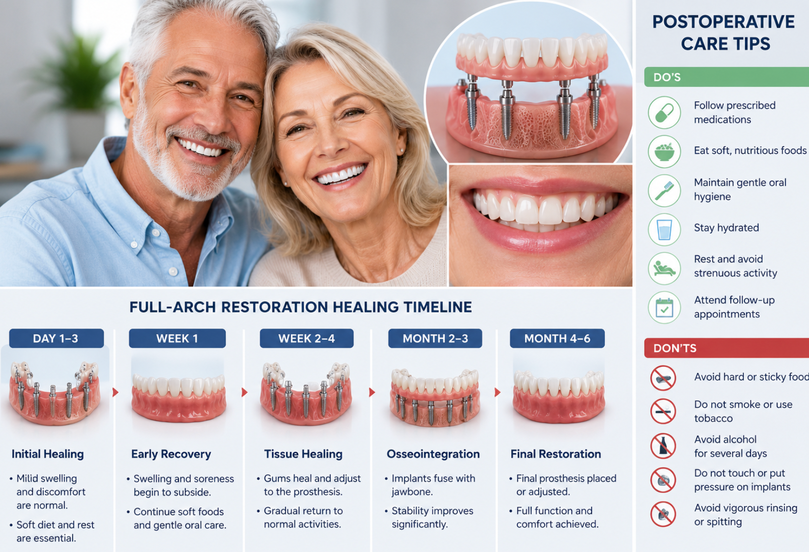 Healing and Recovery After Full-Arch Restoration: Comprehensive Timeline and Expert Postoperative Care Tips Healing and Recovery After Full-Arch Restoration: Comprehensive Timeline and Expert Postoperative Care Tips